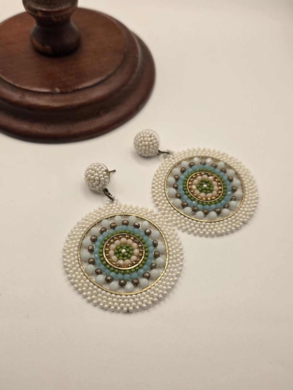 Handmade Boho Chic Blue & White Seed Beaded Dangle Disk Earrings 2.75" Pierced